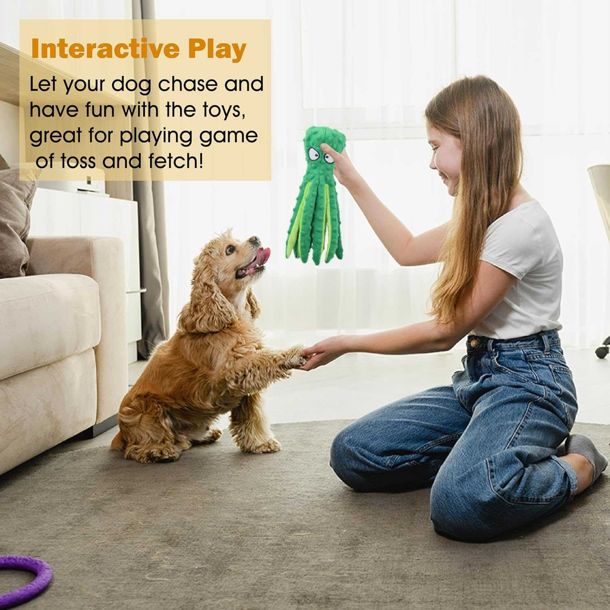 Whiskerspot Octopus Dog Toy - Indestructible Squeaky Chew Toy for Aggressive Chewers, No-Stuffing Crinkle Plush for Puppy Teething