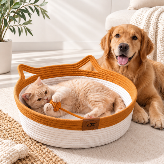Hand-Woven Cotton Rope Cat Bed – Cozy Round Pet Bed for Cats