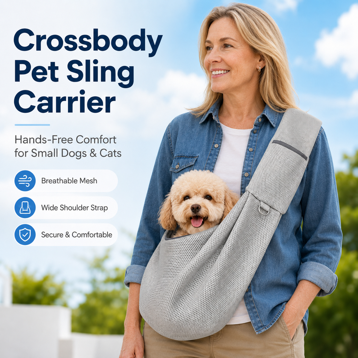 Crossbody Pet Sling Carrier for Small Dogs & Cats – Hands-Free Travel Bag